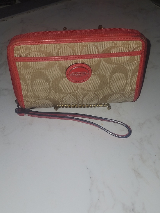 Coach Handbags - Coach Signature Canvas Wristlet in Tan and coral Pink